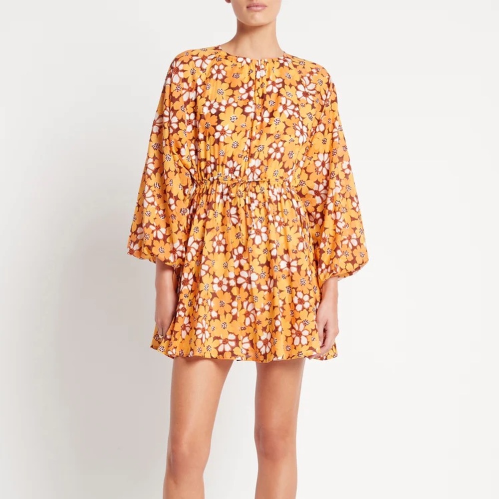 Bell Sleeve Open Back Mini Dress - floral yellow and orange